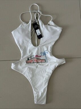 Fashion Nova White Cutout 'Kush Factory' One-Piece Swimsuit